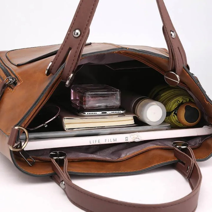 Mala Tote Vintage de Couro para Mulheres com Armazenamento Multi Bolso