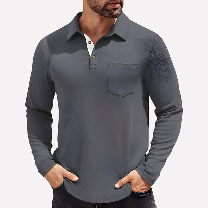 Polo de Manga Comprida para Homem com Bolso no Peito e Corte Casual