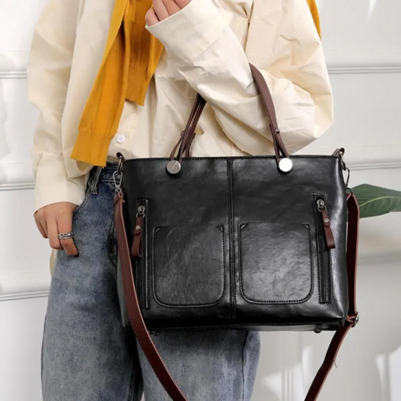 Mala Tote Vintage de Couro para Mulheres com Armazenamento Multi Bolso