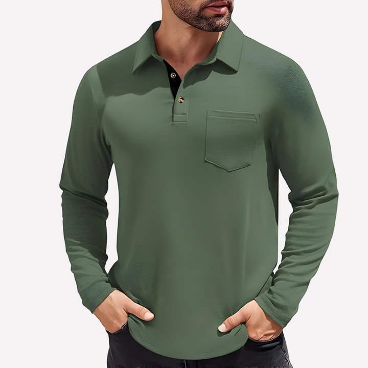 Polo de Manga Comprida para Homem com Bolso no Peito e Corte Casual