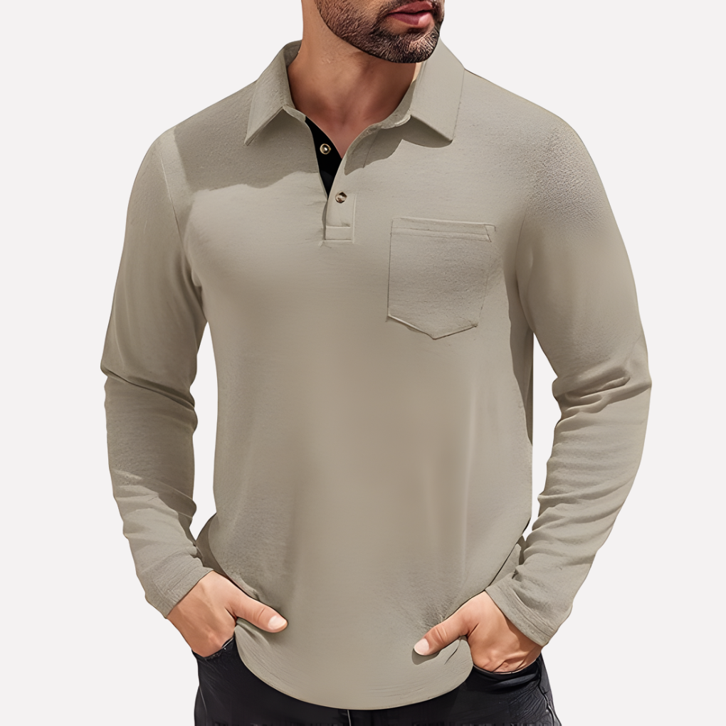 Polo de Manga Comprida para Homem com Bolso no Peito e Corte Casual