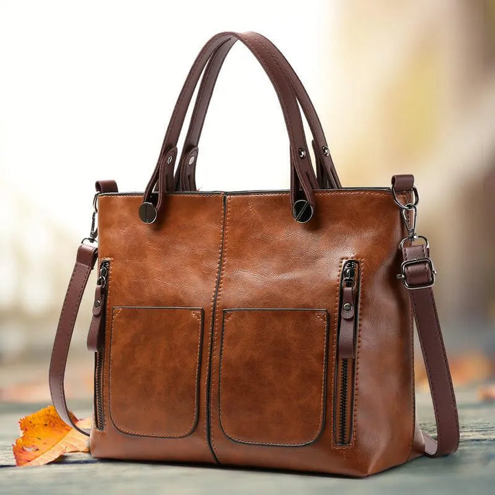Mala Tote Vintage de Couro para Mulheres com Armazenamento Multi Bolso