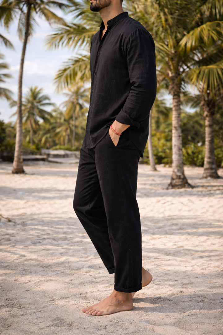 Conjunto coordenado de linho para homem Camisa sem colarinho relaxada