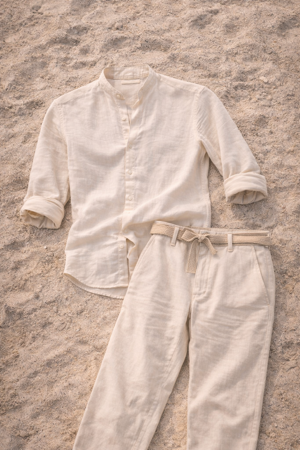 Conjunto coordenado de linho para homem Camisa sem colarinho relaxada