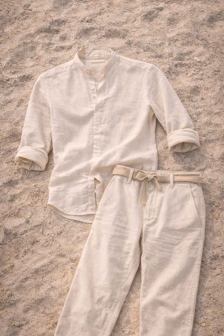 Conjunto coordenado de linho para homem Camisa sem colarinho relaxada