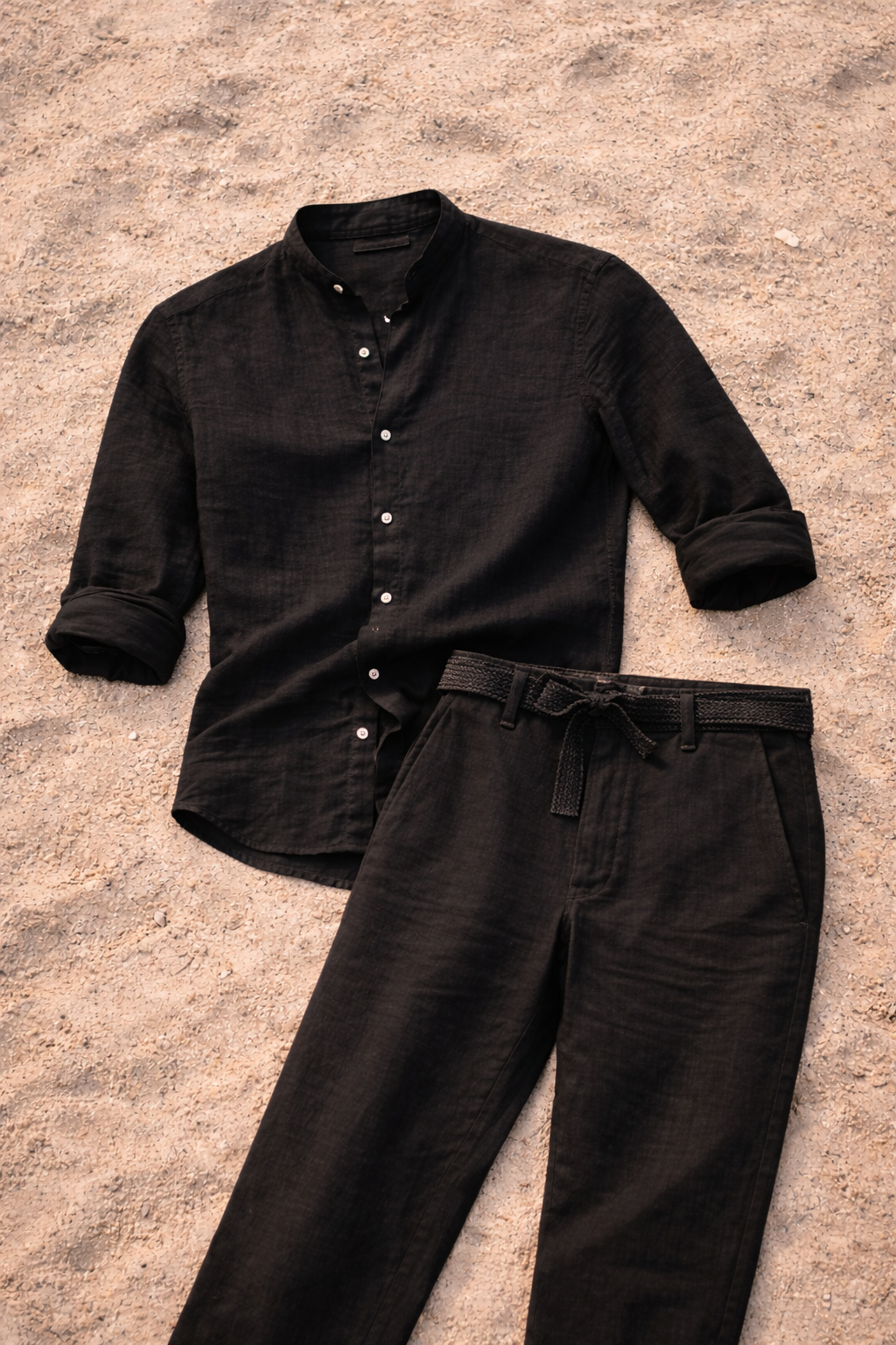 Conjunto coordenado de linho para homem Camisa sem colarinho relaxada