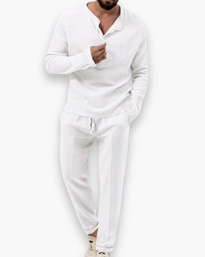 Conjunto Smart-Casual de Dois Peças para Homem, Roupa Leve e Respirável, Top e Calças Confortáveis para o Verão