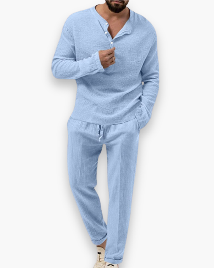 Conjunto Smart-Casual de Dois Peças para Homem, Roupa Leve e Respirável, Top e Calças Confortáveis para o Verão
