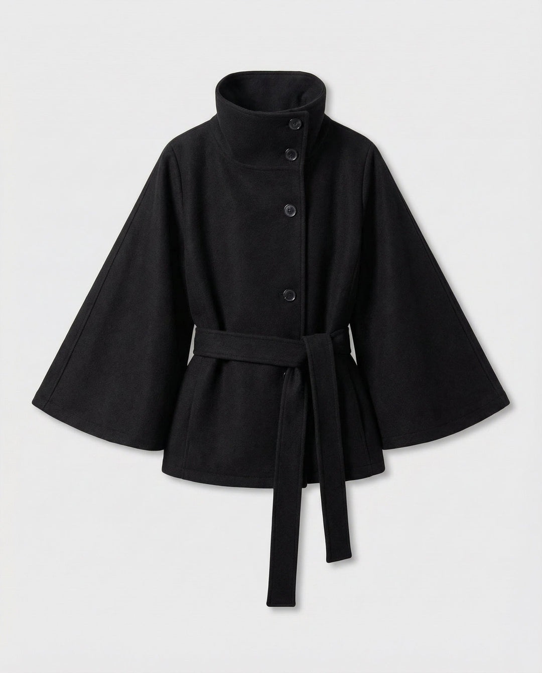 Capa-casaco de lã com cinto para mulher – camada de inverno de gola alta para usar no escritório e à noite