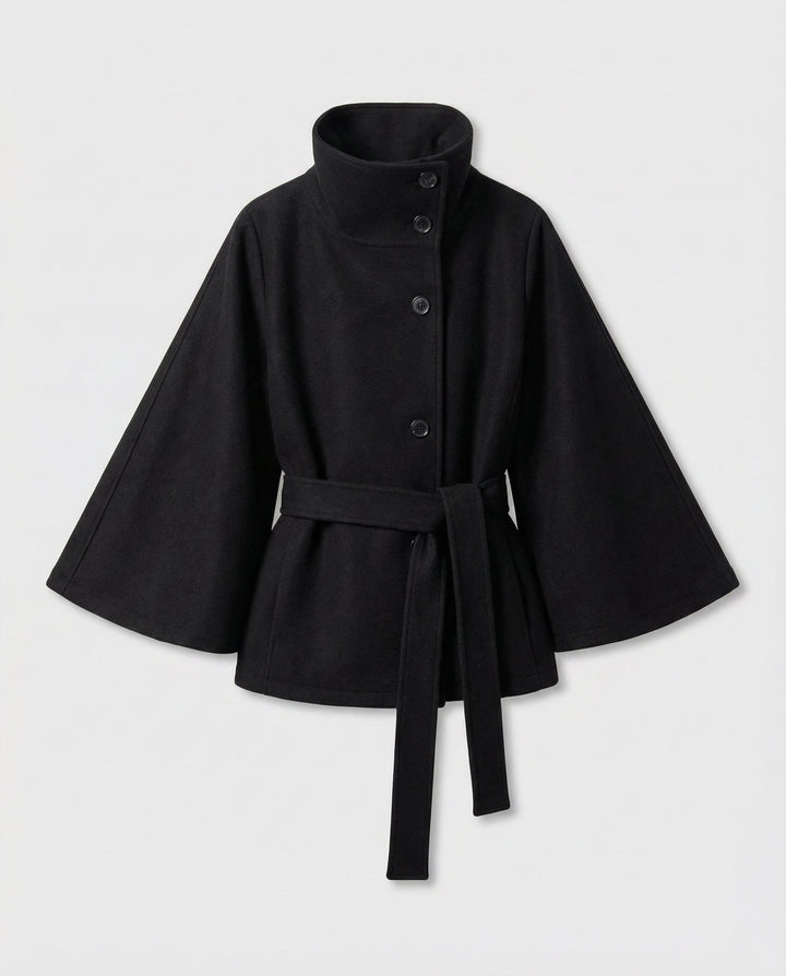 Capa-casaco de lã com cinto para mulher – camada de inverno de gola alta para usar no escritório e à noite