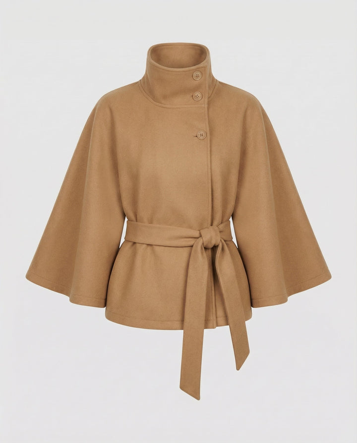Capa-casaco de lã com cinto para mulher – camada de inverno de gola alta para usar no escritório e à noite