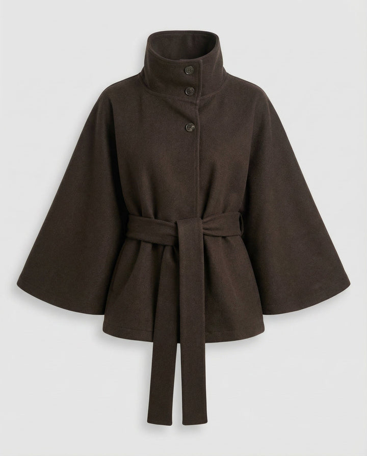 Capa-casaco de lã com cinto para mulher – camada de inverno de gola alta para usar no escritório e à noite