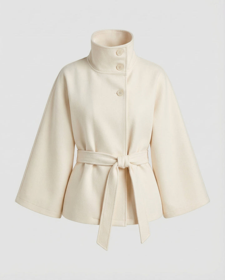 Capa-casaco de lã com cinto para mulher – camada de inverno de gola alta para usar no escritório e à noite