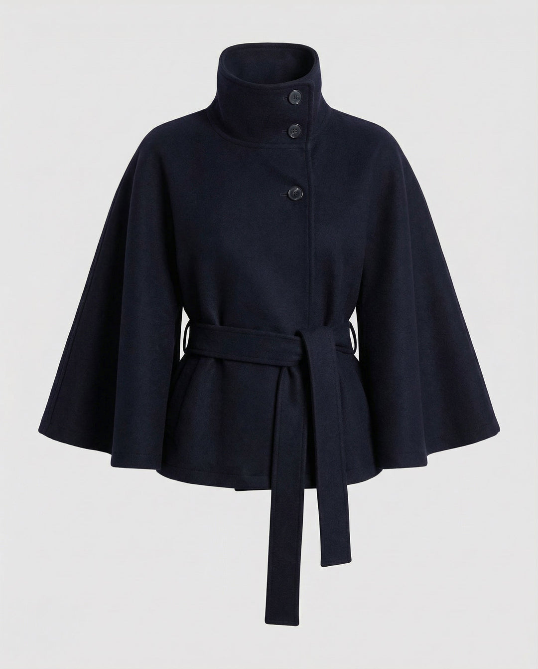 Capa-casaco de lã com cinto para mulher – camada de inverno de gola alta para usar no escritório e à noite