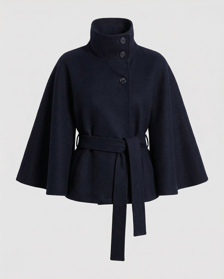 Capa-casaco de lã com cinto para mulher – camada de inverno de gola alta para usar no escritório e à noite