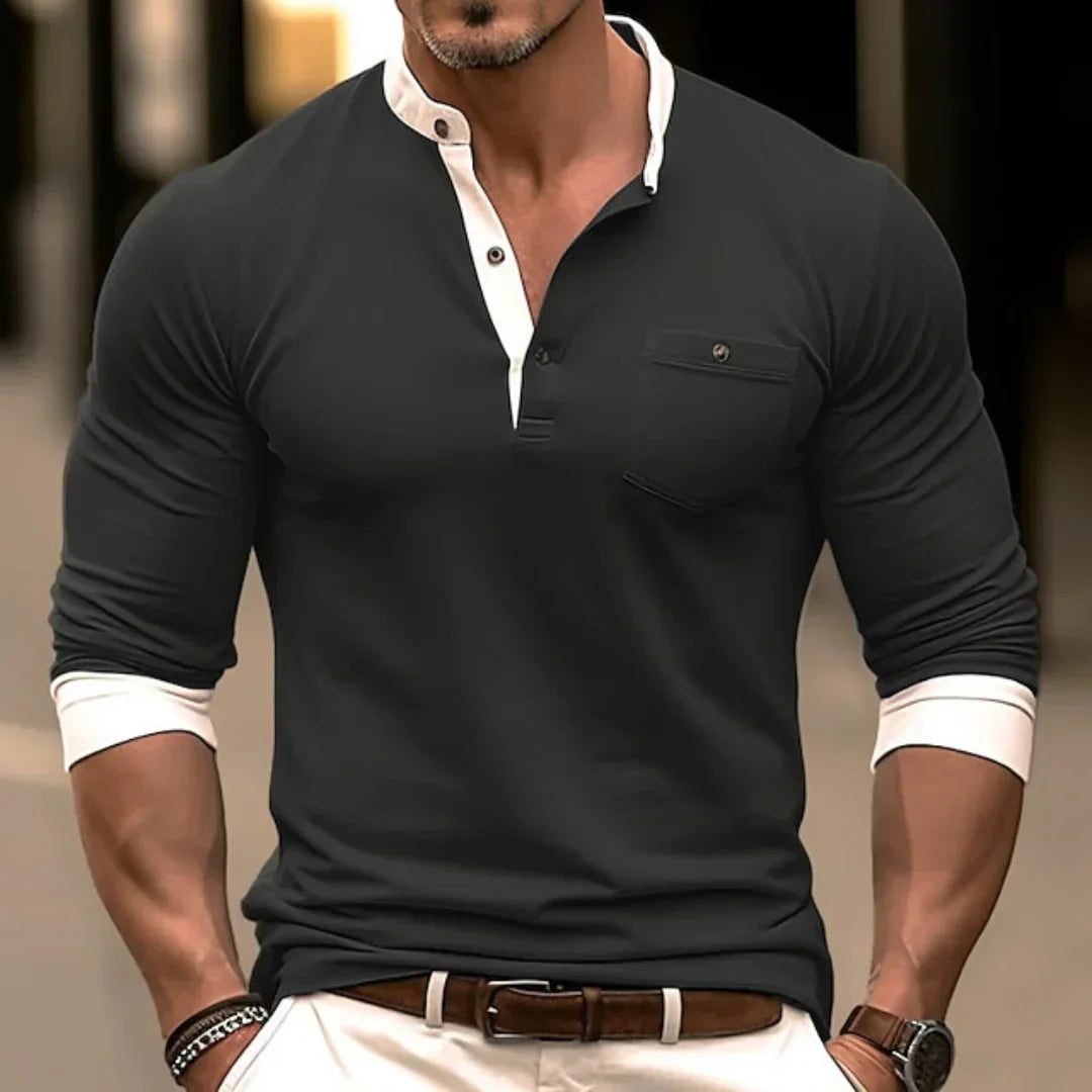Camisa polo casual masculina com gola henley contrastante e mangas compridas