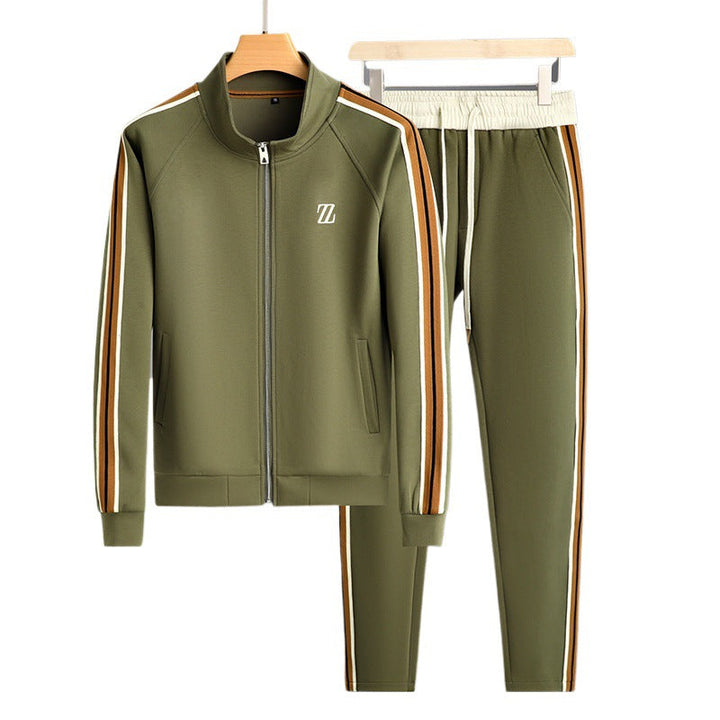Conjunto de fato de treino atlético para homem com fecho à frente e detalhes às riscas