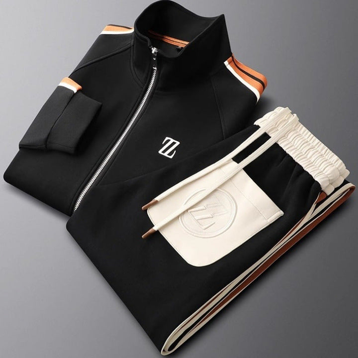 Conjunto de fato de treino atlético para homem com fecho à frente e detalhes às riscas