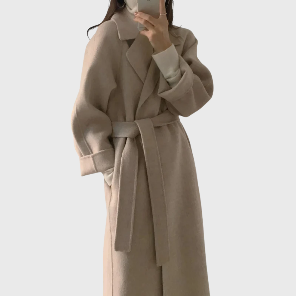 Casaco de lã com cinto para mulher – agasalho de inverno quente e elegante