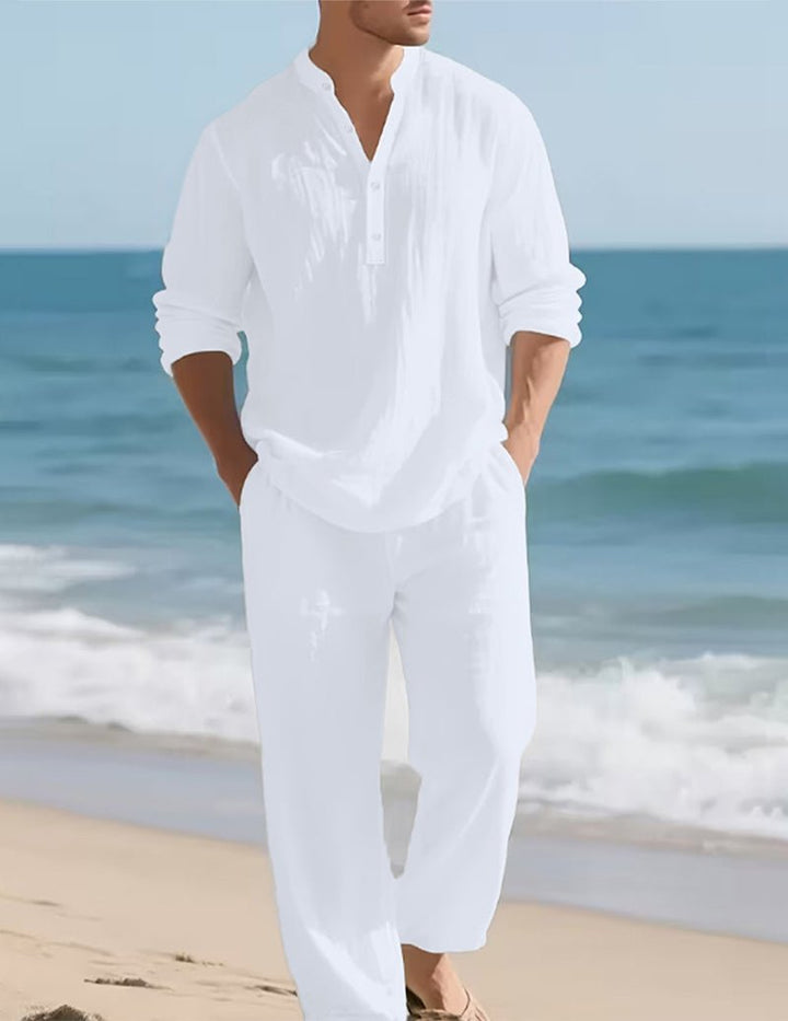 Conjunto Henley de Linho para Homem com Calças Descontraídas
