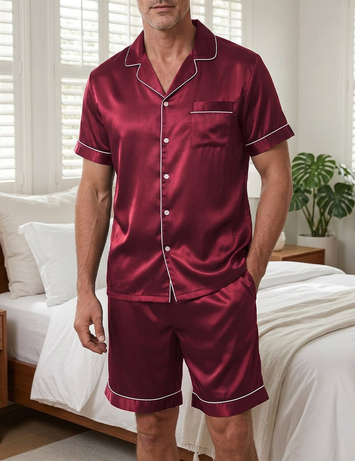 Conjunto de Pijama de Cetim para Homem com Colarinho de Entalhe e Calções