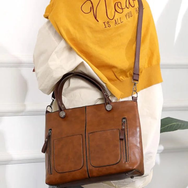 Mala Tote Vintage de Couro para Mulheres com Armazenamento Multi Bolso