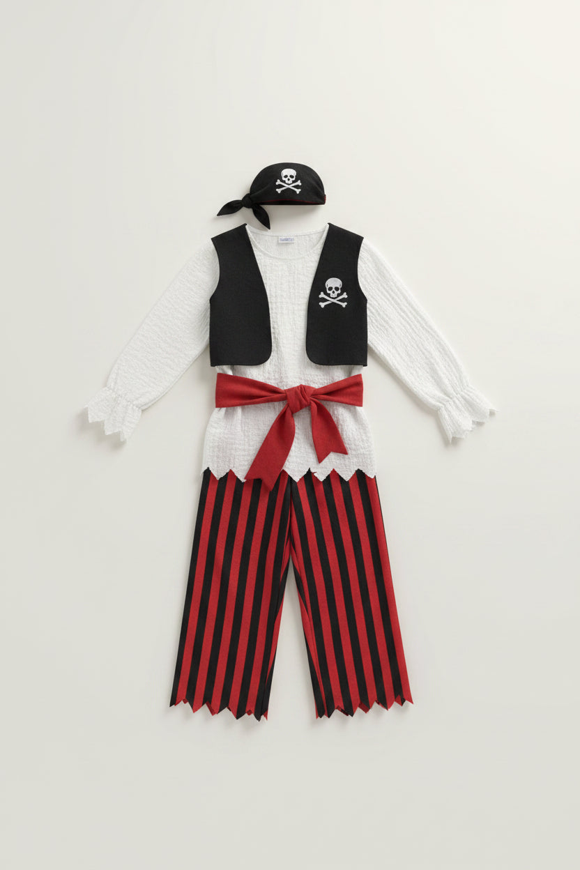 Fato de Halloween infantil de pirata com camisa, colete, calças e bandana