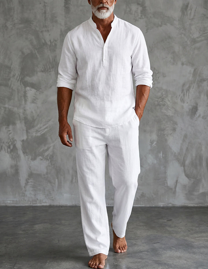 Conjunto Henley de Linho para Homem com Calças Descontraídas
