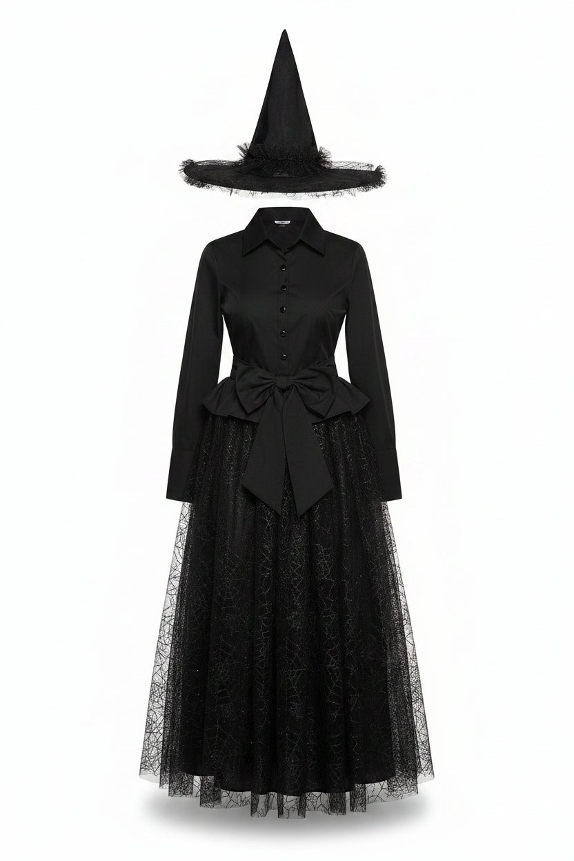 Vestido e chapéu de bruxa de renda preta com padrão de teia de aranha para mulher, fantasia de Halloween